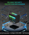 Compact Twelve Point Eight Volt 100Ah LiFePO4 Battery Mini Group 24 With 100A BMS displayed with security mechanisms.
