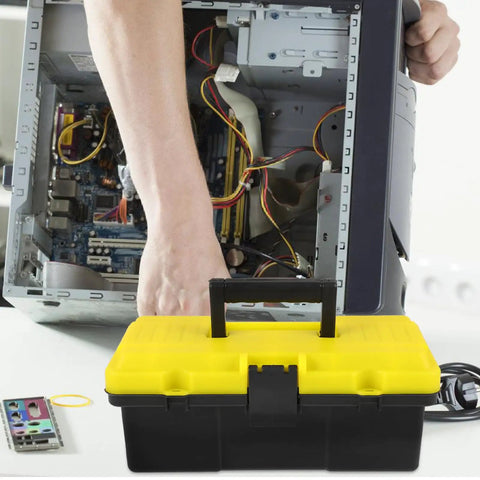 Portable Plastic Tool Box With Secure Buckles Lightweight Durable Storage Case For Outdoor DIY Projects next to a computer being repaired.