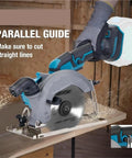 Kickass Electric Track Circular Saw Delivers Razor Sharp Cuts On Hardwood And Plywood With 0 To 45 Degree Adjustable Bevel close-up on cutting guide and blade.