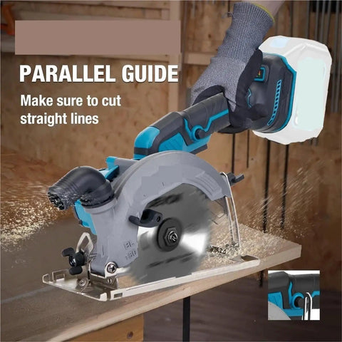 Kickass Electric Track Circular Saw Delivers Razor Sharp Cuts On Hardwood And Plywood With 0 To 45 Degree Adjustable Bevel close-up on cutting guide and blade.