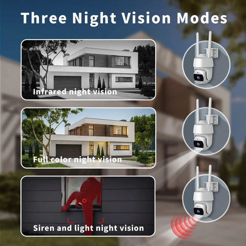 2K Outdoor Security Camera With 4MP HD Video And 360 Degree Pan Tilt Wireless 2.4G WiFi IP66 Weatherproof Motion Alerts showing night vision modes