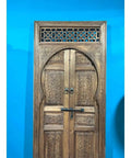 Dope Two Carved Panels Handcrafted Barn Door With Royal Brown Finish Custom Size Dual Sliding Or Hinged Interior Exterior Front Door Antique Modern Style Made To Order, showing ornate carvings on wooden panels in blue background.