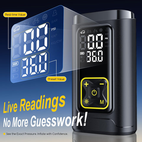 Portable Tire Inflator With Gauge 150 PSI Fast Car Bike Ball Pump Digital Display Showing PSI Readings