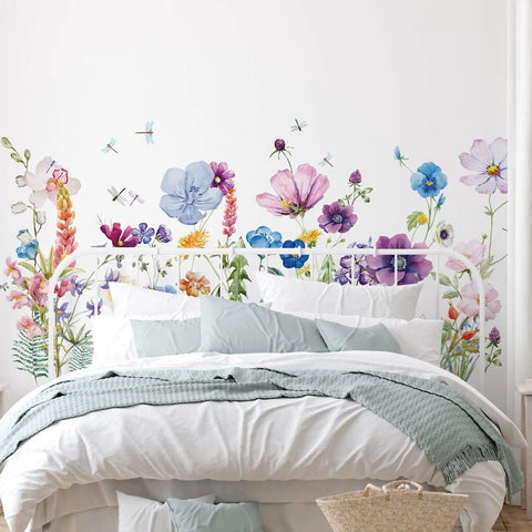 Six Piece Colorful Flower Wall Decals Set With Dragonflies Removable Peel And Stick Vinyl Murals above bed