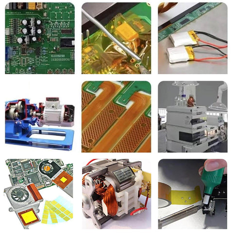 Polyimide PI Film Sheet For Electronics And Industrial Use shown in various high-temperature insulation applications on circuit boards and devices