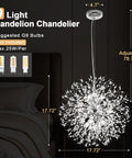 Sputnik Crystal Chandelier With Firework Chrome Finish, Dandelion Style Pendant Light Fixture, 9 Lights, shown over a bed