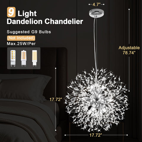 Sputnik Crystal Chandelier With Firework Chrome Finish, Dandelion Style Pendant Light Fixture, 9 Lights, shown over a bed