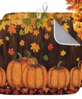 Fall Thanksgiving Must Have Dish Drying Mat Set With Orange Pumpkin Design And Maple Leaves Brown Wood Grain Look Absorbent
