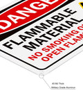 Built Different Safety Warning Plates For Flammable Supplies And Open Flames, Heavy Duty Aluminum Sheet With Bold Glow Print, Straight Up Rust Proof, Quick Grip Peel Stick Mount For Garage Or Job Site, Double Pack - Close-up of .40 mil thick flammable material warning sign.