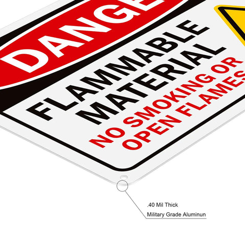 Built Different Safety Warning Plates For Flammable Supplies And Open Flames, Heavy Duty Aluminum Sheet With Bold Glow Print, Straight Up Rust Proof, Quick Grip Peel Stick Mount For Garage Or Job Site, Double Pack - Close-up of .40 mil thick flammable material warning sign.