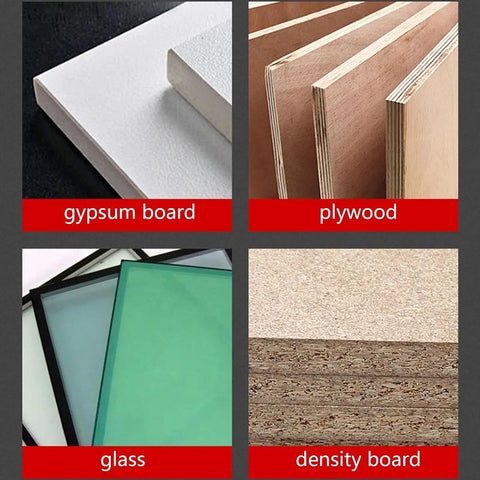 Rock Solid Steel Panel Carriers Two Pack Adapts to Drywall Plywood and Glass with Easy Grip Handles showing gypsum board, plywood, glass, and density board.