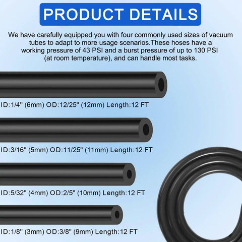 Ultimate 84 Pc Vacuum Lines Kit Includes Four 12Ft Silicone Hoses In 1/8 5/32 3/16 And 1/4 Inch Plus 80 Connectors, black hoses