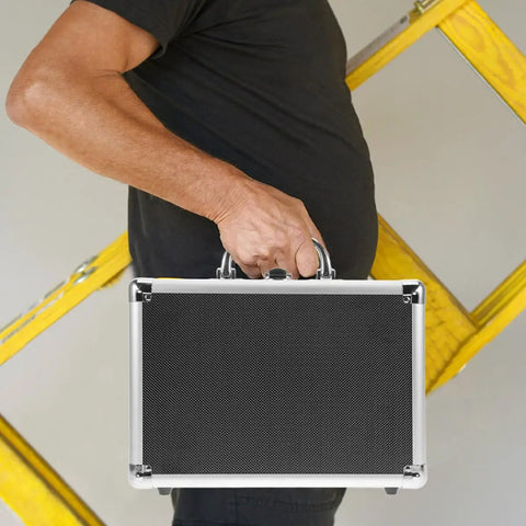 Person holding a Portable Aluminum Tool Case With Handle Large Capacity Storage Box For DIY Projects And Travel.