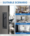 Modern Pocket Door Hardware Set With Privacy Lock, Finger Flush Pulls And Soft Close, for bedroom, living room, bathroom use.