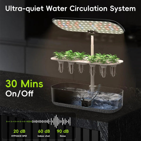 Dope Hydroponics Grow Kit With LED Grow Light showing ultra-quiet water circulation and adjustable light panel for 14 pods