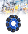 Front view of blue aluminium-alloy omni wheel with black silicone rollers for robot DIY