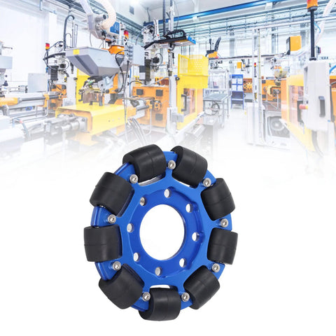 Front view of blue aluminium-alloy omni wheel with black silicone rollers for robot DIY