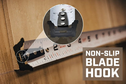 Rugged Tape Measure Set With 16 Foot and 25 Foot Measures showing non-slip blade hook on 1 1/8 inch double sided white markings