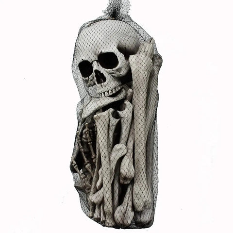 28 Piece Skeleton Bones And Skull Set For Halloween Decor Spooky Graveyard Ground Props in black mesh bag