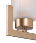 Close-up of gold fixture with white frosted glass shade of Six Light Gold Chandelier With White Frosted Glass Shades For Dining Room