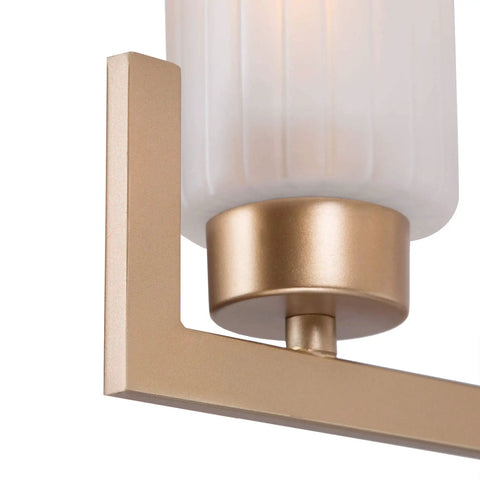Close-up of gold fixture with white frosted glass shade of Six Light Gold Chandelier With White Frosted Glass Shades For Dining Room
