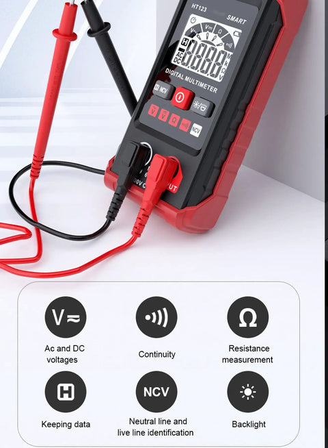 Auto Ranging Digital Multimeter With Non Contact Voltage Tester Smart Measurement And Electrical Voltmeter for DIY Home Workshop Use, red, includes probes and features overview.
