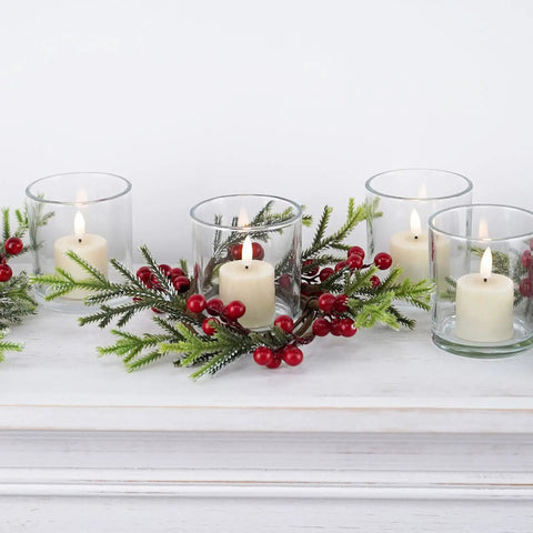 Six Pack Rechargeable Flameless Votive Candles With Timer LED Tealight Set With Magnetic Charging Base Type C USB Cable Remote Included Perfect For Cozy Home Decor And Ambience in glass holders with holiday decorations