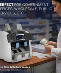 Hustle Ready Money Counter For Fast Cash Counting And Effortless Mixed Bill Sorting With Trusted Multi Currency Scanning and No Stress Commercial Performance on a wooden counter.
