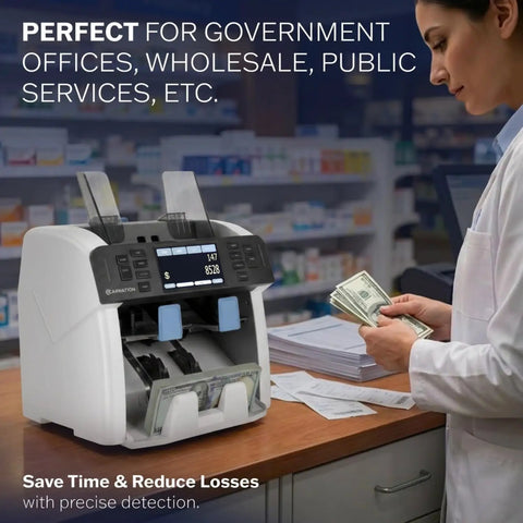 Hustle Ready Money Counter For Fast Cash Counting And Effortless Mixed Bill Sorting With Trusted Multi Currency Scanning and No Stress Commercial Performance on a wooden counter.