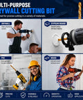 Multi-purpose drywall cutting bit shown in use on drywall, PVC, gypsum board, and wood for clean cuts.