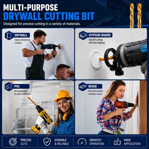 Multi-purpose drywall cutting bit in use on gypsum board, showcasing the Sweet 1/4 Inch Titanium HSS Rotary Tool Drywall Cutout Bits Featuring A Sick Sabre Tip Spiral Saw Design That Slashes Through Gypsum Sheetrock And Plywood Like Butter 50 Piece Pack.