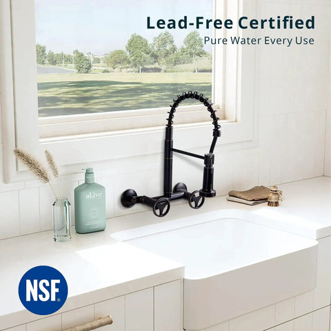 Brushed Nickel Wall Mount Kitchen Faucet With Pull Down Sprayer 360 Degree Swivel Dual Spray Modes 6 Inch Center Two Handles Workhorse