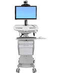 Smooth Operator Telepresence Rolling Cart With Dual Monitor Mount And Built In Power Hub For Lightning Fast Video Conferences, featuring a monitor and web camera.
