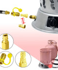 Three Eighths Inch Natural Gas Quick Connect Fittings Kit For Grills Patio Heaters Pizza Ovens Fire Pits And Generators LP Propane Quick Disconnect With Full Flow Plugs And Male Female Connectors Plug And Play Ready shown connected to patio heater