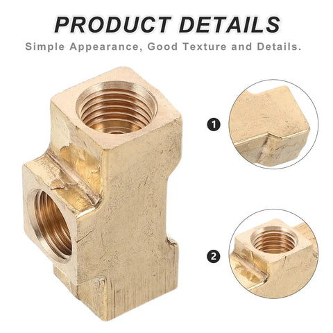 Close-up of 4-Pack Brass Pneumatic Tee Fittings With Female Threaded 3-Way Design showing threaded details and brass texture.