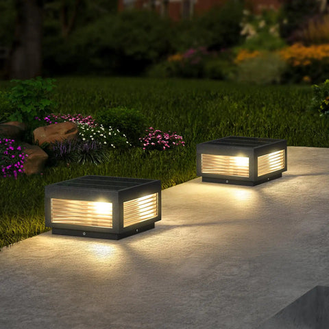 Solar Post Lights 9.84 Inch Pillar Lamps IP54 Waterproof Modern Column Lighting Dusk To Dawn 3000K LED Square Lanterns