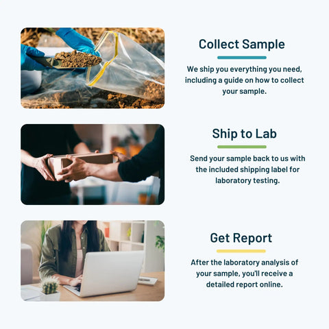 Steps for At Home Heavy Metals In Soil Test Kit With Nine Compounds Including Lead, Arsenic, And Copper, including collection and mailing.