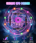 Mini UFO Flying Toy Drone For Kids With 360-Degree Gesture Control And LED Lights, hovering with colorful LED strip indoors.