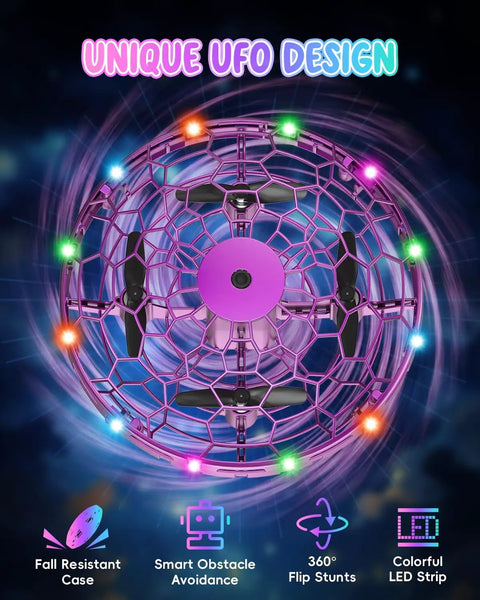 Mini UFO Flying Toy Drone For Kids With 360-Degree Gesture Control And LED Lights, hovering with colorful LED strip indoors.