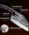 Serbian Chef Knife With Sheath Pro Grade ATS 34 High Carbon Steel Fire Hammered Blade showing handle, finger hole, and blade design