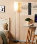 Tall Minimalist Floor Lamp for Living Room and Office With White Fabric Lampshade, Industrial Black Pole, near desk