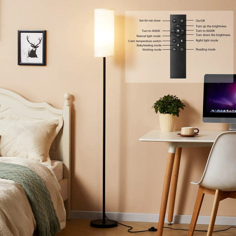 Tall Minimalist Floor Lamp for Living Room and Office With White Fabric Lampshade, Industrial Black Pole, near desk