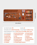 All In One Leather Craft Tool Kit 92 Piece Set with tools organized in a portable storage bag, including engraving punches and accessories.