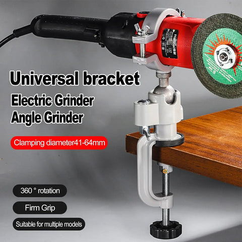 Badass 360 Degree Rotating Table Vise And Bench Clamp Bracket delivering rock solid grip for electric grinders mounted on table.