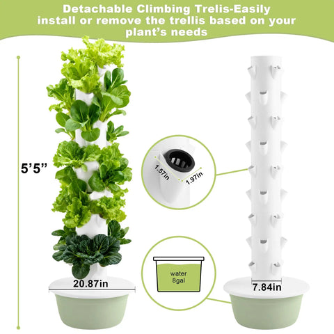 Green Compact Vertical Hydroponics Garden Tower With 36 Plant Pods And Smart Timer For Indoor And Outdoor Use Auto Watering Lets You Grow Vegetables, Herbs, And Fruits Easily In A 2.8 Sq Ft Footprint.