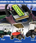 Heavy Duty Flip Up Golf Cart Steering Wheel Cell Phone Mount Fits Club Car EzGo Yamaha Carts with phone and scorecard in use.