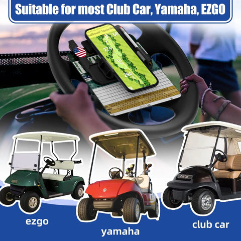 Heavy Duty Flip Up Golf Cart Steering Wheel Cell Phone Mount Fits Club Car EzGo Yamaha Carts with phone and scorecard in use.