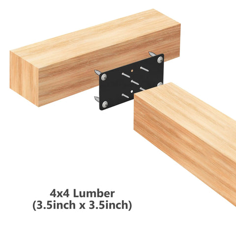 Two Pack 4x4 Post Anchor Plates For Decks, Wood Fences, Mailboxes And Posts, Heavy Duty Structural Steel Post Bases With Predrilled Holes For Easy Concrete Install, shown mounted on 4x4 lumber.