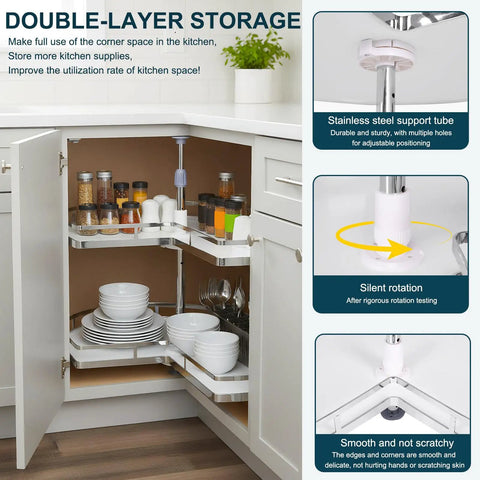 Two Tier Lazy Susan Replacement Shelves With Adjustable Height For Kidney Shaped Blind Corner Cabinets For Your Kitchen 270 Degree Turntable Organizer Space Saver To Maximize Small Spaces And Easy Access To Pantry Essentials with plates and spices displayed in a kitchen cabinet