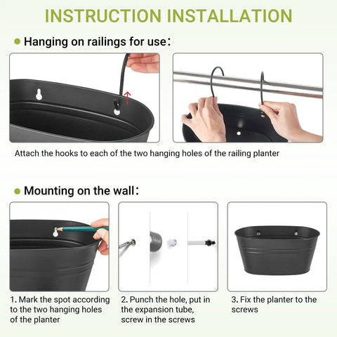 Installation instructions for Three Pack 10.5 Inch Hanging Flower Pots For Railings And Fences, showing hooks and wall mounting steps.